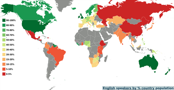 World map percentage english speakers by country